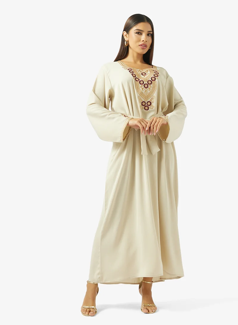 hayas closet  Floral Embroidery Work At Front Section And Belt Jalabiya for Women | Best Price UAE